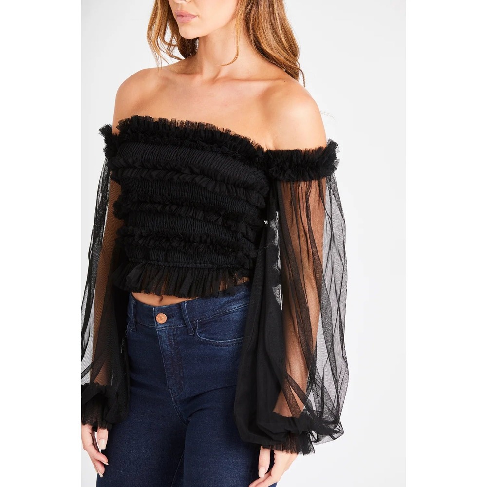 Blach Sheer Mesh Off Shoulder Top Coquette Balletcore Puff Sleeve Crop NWT Large